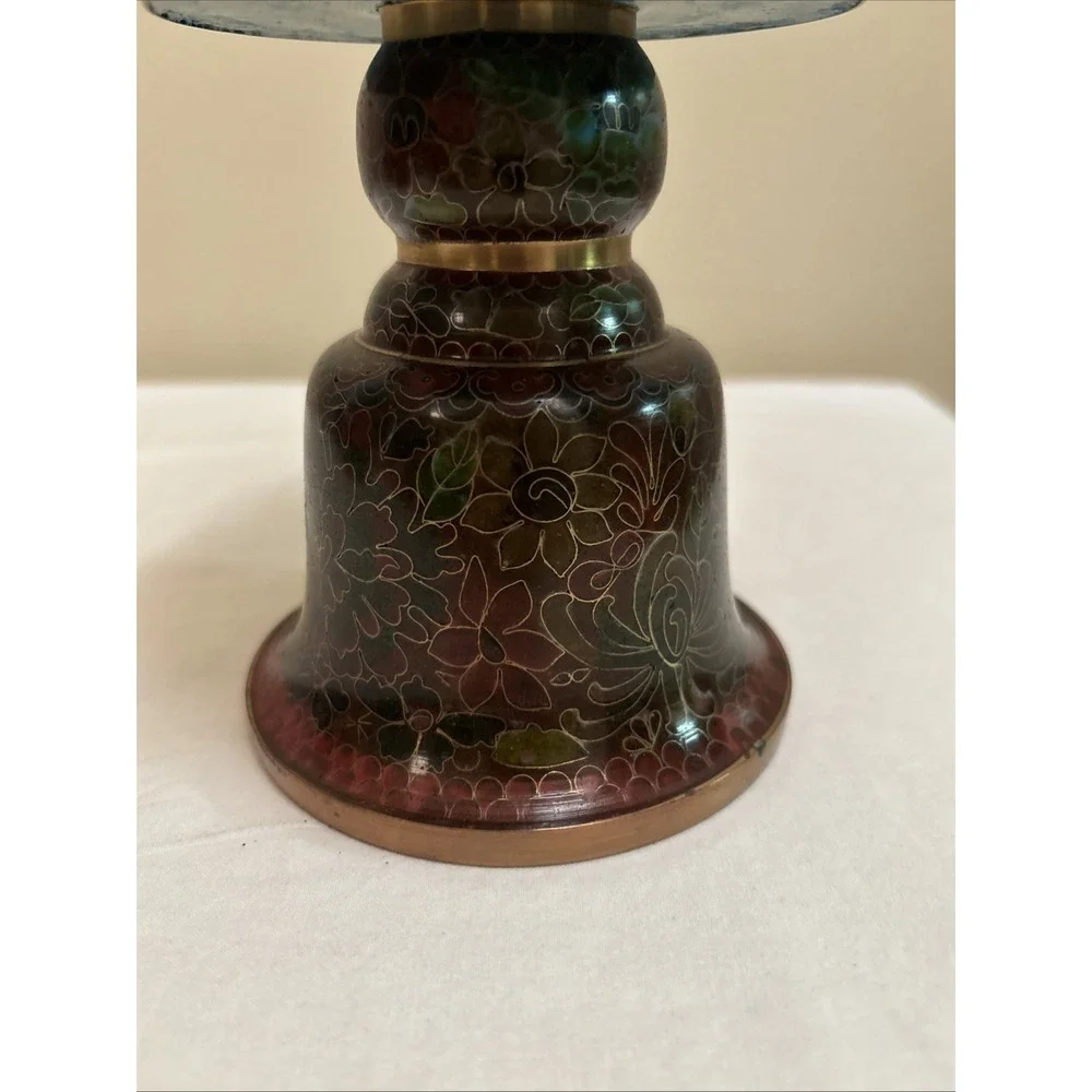 Vintage Chinese Cloisonne Floral Candlesticks Copper Brass 10.5 Inch Set of 2